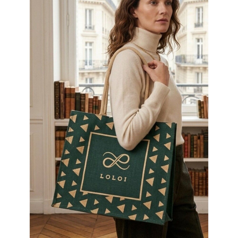 Refined Utility: Loloi Large Shopper Tote in Dark Teal & Neutral Burlap